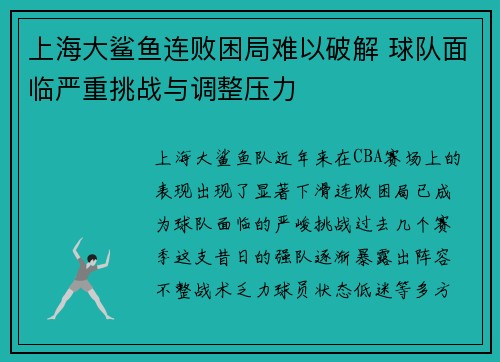 上海大鲨鱼连败困局难以破解 球队面临严重挑战与调整压力