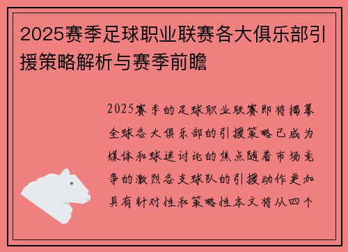 2025赛季足球职业联赛各大俱乐部引援策略解析与赛季前瞻