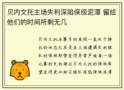 贝内文托主场失利深陷保级泥潭 留给他们的时间所剩无几