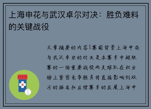 上海申花与武汉卓尔对决:胜负难料的关键战役