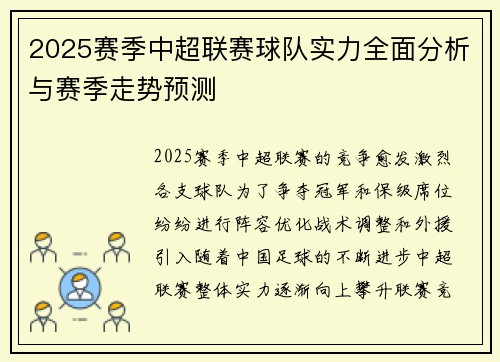 2025赛季中超联赛球队实力全面分析与赛季走势预测