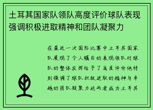 土耳其国家队领队高度评价球队表现强调积极进取精神和团队凝聚力